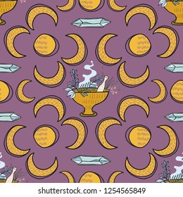 Sacred Esoteric Burning Incense Seamless Vector Pattern. Spiritual Symbols Concept Illustration. Mindful Meditation Healing. Lunar Moon Crystals and Herbs for Spiritual Insight.  Purple Turquoise Blue