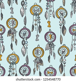 Sacred Esoteric Dreamcatcher Seamless Vector Pattern. Native American Indian Spiritual Symbols. New Age Boho Illustration. Ethnic Feather, Bones, Crystal Meditation. Purple Turquoise All Over Print