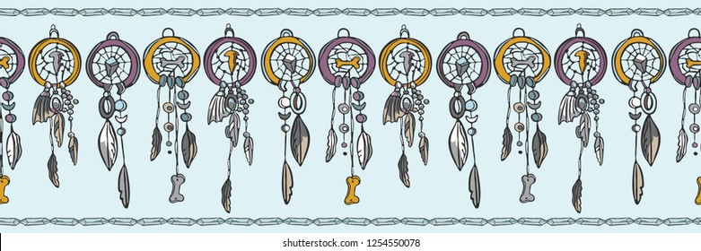 Sacred Esoteric Dreamcatcher Seamless Vector Border. Native American Indian Spiritual Symbols. New Age Boho Illustration. Ethnic Feather, Bones, Crystal Meditation. Purple Turquoise Banner