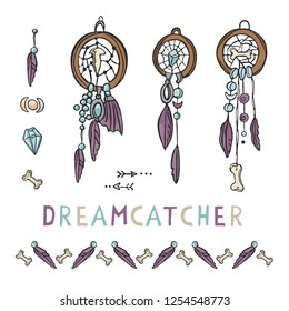 Sacred Esoteric Dreamcatcher Vector Illustration Icons. Native American Indian Spiritual Symbols Set. New Age Boho Magic. Ethnic Feather, Bones, Arrow, Crystal Meditation. Isolated Purple Turquoise 