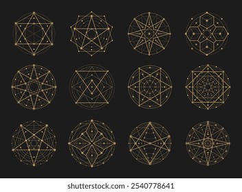 Sacred esoteric geometry, astrology or mystic Tarot signs with magic patterns, vector symbols. Esoteric sacred geometry icons of witchcraft magic and occult pentacles, stars or sun and moon symbols