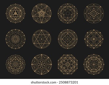 Sinais de geometria esotérica sagrada e símbolos de oculto e mistério, ícones vetoriais. Geometria sagrada da pirâmide de pedreiro com estrela pentacular de astrologia e alquimia ou símbolos mágicos esotéricos para cartas de Tarot