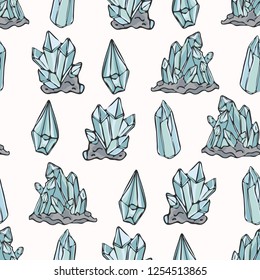 Sacred Esoteric Quartz Crystal Magic. Hand Drawn Seamless Vector Pattern. Precious Stone Energy Print. Earth Energy Consciousness Symbols. Spiritual Concept Gemstone Meditation Healing. Turquoise Blue