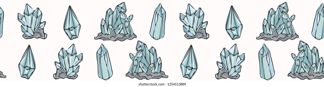 Sacred Esoteric Quartz Crystal Magic. Hand Drawn Seamless Vector Border. Precious Stone Energy Banner. Earth Energy Consciousness Symbols. Spiritual Concept Gemstone Meditation Healing. Turquoise Blue