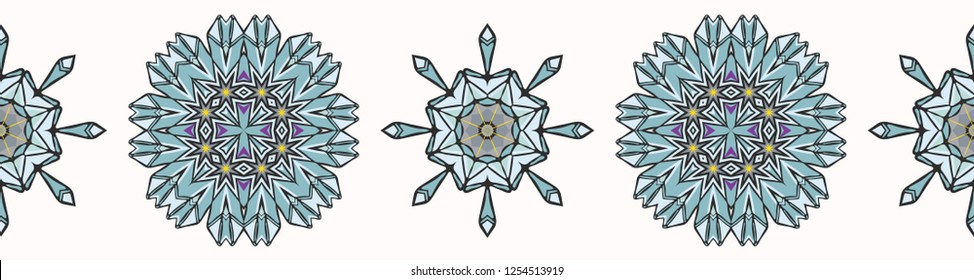 Sacred Esoteric Quartz Crystal Magic. Hand Drawn Seamless Vector Border. Precious Stone Energy Mandala. Earth Energy Consciousness Symbol. Spiritual Concept Gemstone Meditation Healing. Turquoise Blue