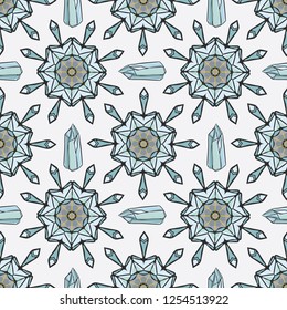 Sacred Esoteric Quartz Crystal Magic. Seamless Vector Pattern Drawing. Precious Stone Energy Mandala. Earth Energy Consciousness Symbol. Spiritual Concept Gemstone Meditation Healing. Turquoise Blue