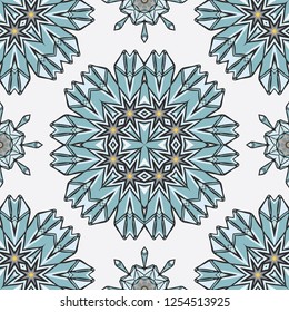 Sacred Esoteric Quartz Crystal Magic. Seamless Vector Pattern Drawing. Precious Stone Energy Mandala. Earth Energy Consciousness Symbol. Spiritual Concept Gemstone Meditation Healing. Turquoise Blue