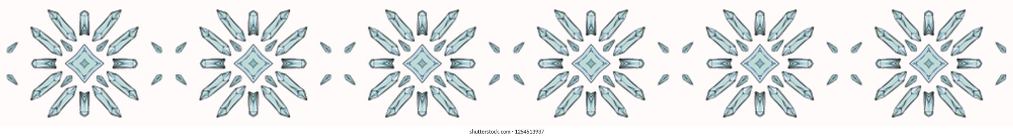 Sacred Esoteric Quartz Crystal Magic. Hand Drawn Seamless Vector Border. Precious Stone Energy Mandala. Earth Energy Consciousness Symbol. Spiritual Concept Gemstone Meditation Healing. Turquoise Blue
