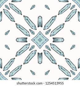 Sacred Esoteric Quartz Crystal Magic. Seamless Vector Pattern Drawing. Precious Stone Energy Mandala. Earth Energy Consciousness Symbol. Spiritual Concept Gemstone Meditation Healing. Turquoise Blue