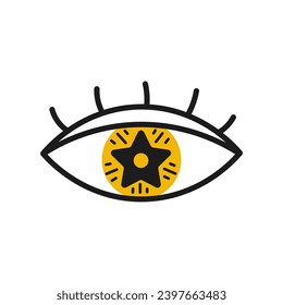 Sacred eye vector illustration. Hand drawn oracle symbol. Doodle styled sight and vision emblem with eyelashes and star. Vector illustration on white background