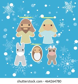 sacred family set with donkey and sheet over snowflakes backdrop