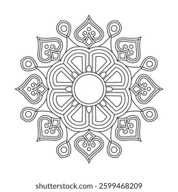 Sacred Floral Mandala in Black and White Coloring Book Page