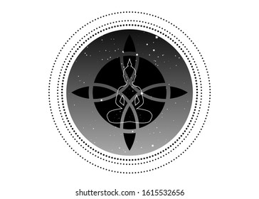 sacred flower and yoga logo design for infographics and business icon. Sacred geometry, with a meditating buddha silhouette, round starry universe background, vector isolated 