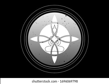 sacred flower and yoga logo design for infographics and business icon. Sacred geometry, with a meditating buddha silhouette, round starry universe background, vector isolated on black