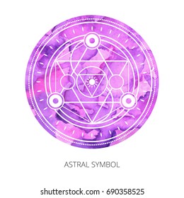 Sacred forms on  background of violet watercolor. Backdrop under clipping mask .  Vector