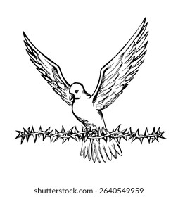 Sacred free wild avian soul light joy pray help Jesus Christ church day hand drawn biblical line art sketch. Good sad ghost aves take bad bush tree plant twig grief hope bible gospel trinity icon sign