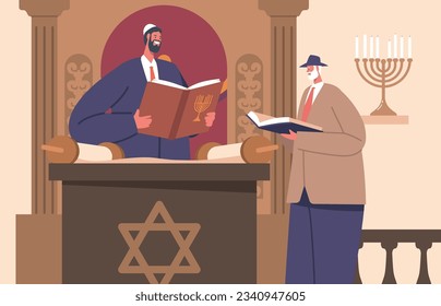 Sacred Gathering At Synagogue, Where Prayers, Torah Readings, And Teachings Are Conducted, Cartoon Vector Illustration