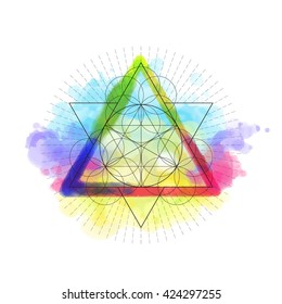 Sacred geametry symbol on rainbow watercolor background. Vector illustration.