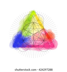 Sacred geametry symbol on rainbow watercolor background. Vector illustration.