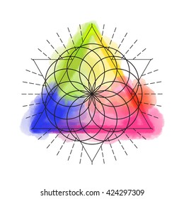 Sacred geametry symbol on rainbow watercolor background. Vector illustration.