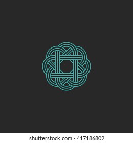 Sacred Geometric Logo, Turquoise Intersection Line Hipster Celtic Emblem, Overlapping Symmetry Graphic Design Element