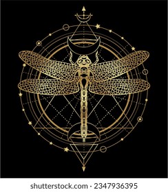 Heilige geometrische Muster und handgezeichnete Libelle. Libellentätowierung. Mystische Symbole und Insekten-Skizze. Alchemie, Astrologie, Religion, Okkultismus, Spiritualität. Gold auf schwarzem Hintergrund, Illustration