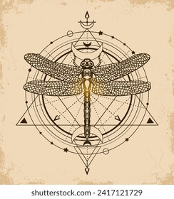 Heilige geometrische Muster und handgezeichnete Libelle. Schwarze Libelle. Mystische Symbole und Insekten-Skizze. Alchemie, Astrologie, Religion, Okkultismus, Spiritualität. Bild auf altem Hintergrund