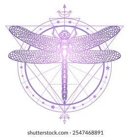 Padrão geométrico sagrado e libélula desenhada à mão. Tatuagem de libélula. Símbolos místicos e desenhos de insetos. Alquimia, astrologia, religião, ocultismo, espiritualidade. Ilustração de vetor vintage.