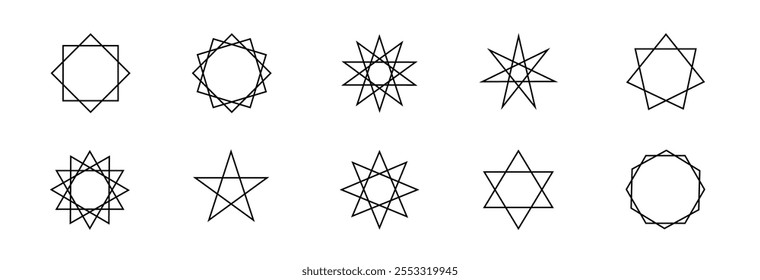 Sacred geometric set with pentagrams, circles, and triangle frames, combining ancient alchemical symbols with a modern minimalistic outline. Ideal for spiritual art and ritual decor.