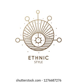 Sacred geometric shape logo. Vector symbol of sun, planets and moon in linear ethnic style. Alchemy abstract sign - balance balls, pendulum for design cards - astrology, holistic, zen, health, yoga