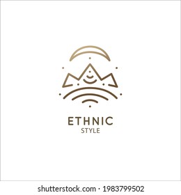 Sacred geometric shape logo. Vector symbol of mountains, moon or sun in linear ethnic style. Alchemy abstract landscape sign