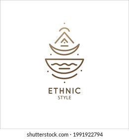 Sacred geometric shape logo. Vector symbol of mountains, moon or sun in linear ethnic style. Alchemy abstract landscape sign
