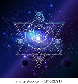 Sacred geometric symbol against the space background with planets and stars. Mystic sign drawn in lines. Image in purple color.