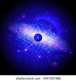 Sacred geometric symbol against the space background with planets and stars. Mystic sign drawn in lines. Image in blue color.