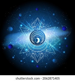 Sacred geometric symbol against the space background with galaxy and stars. Mystic sign drawn in lines. Image in blue color.