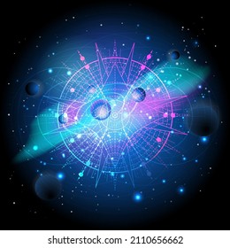 Sacred geometric symbol against the space background with galaxy and stars. Mystic sign drawn in lines. Image in blue color.