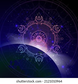 Sacred geometric symbol against the space background with sunrise and stars. Mystic sign drawn in lines. Image in purple color.