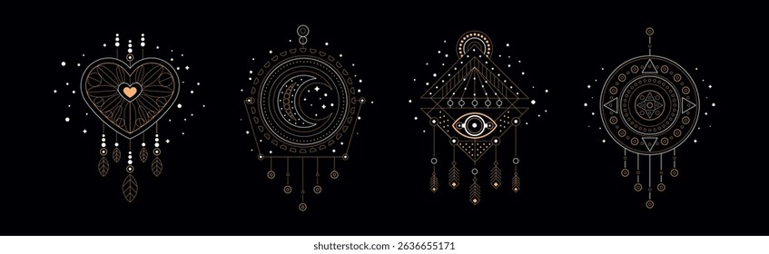Sacred Geometric Symbol with Eye, Dreamcatcher and Figure Vector Set