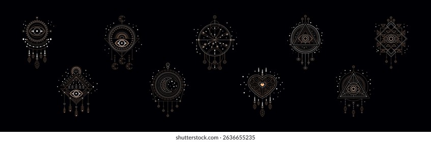 Sacred Geometric Symbol with Eye, Dreamcatcher and Figure Vector Set
