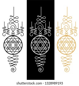 Sacred geometric symbol with lotus elements, golden, black, white.