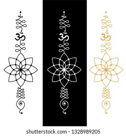 Sacred geometric symbol with lotus elements, golden, black, white.