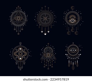 Sacred Geometric Symbols with Eye as Dreamcatcher in Golden Line on Black Background Vector Set