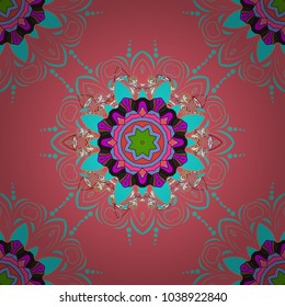 Sacred geometric vector symbol with many petals flower. Colored mandala logo on pink, blue and neutral colors.