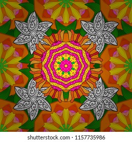 Sacred geometric vector symbol with many petals flower. Colored mandala logo on orange, yellow and green colors.