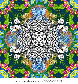 Sacred geometric vector symbol with many petals flower. Colored mandala logo on blue, green and white colors.