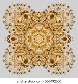 Sacred geometric vector symbol with many petals flower. Golden mandala logo on gray background.