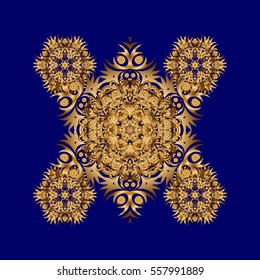Sacred geometric vector symbol with many petals flower. Golden mandala logo on blue background.