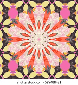 Sacred geometric vector symbol with many petals flower. Colored mandala logo on colorful background.