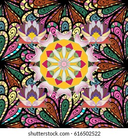Sacred geometric vector symbol with many petals flower. Colored mandala logo on colorful background.
