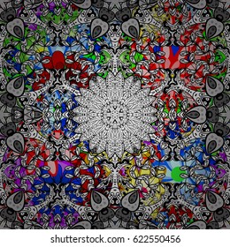Sacred geometric vector symbol with many petals flower. Colored mandala on colorful background.